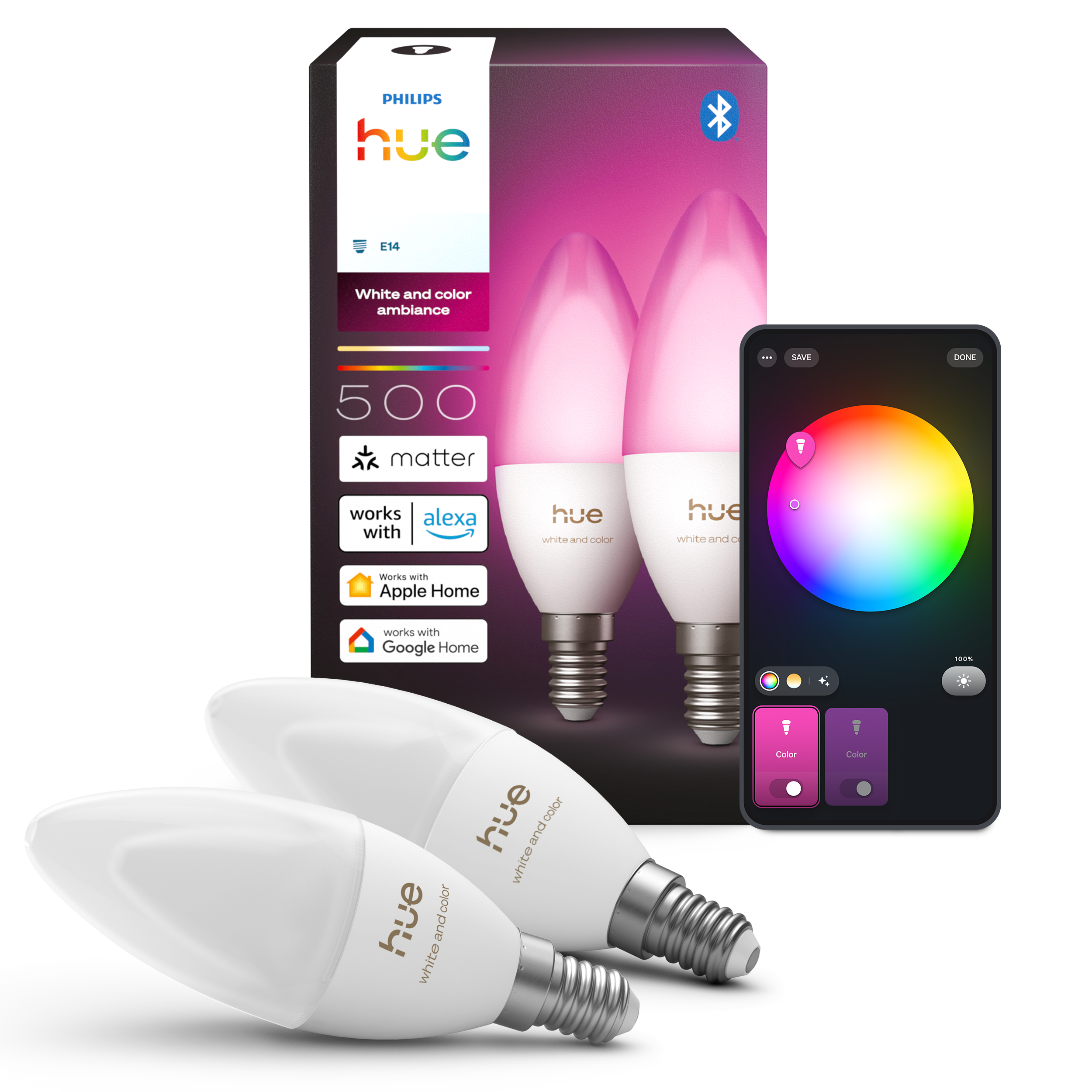 Philips Hue - White & Color Ambiance E14 Kronelysepære 2-pakke - White (500lm) - Gratis frakt v:9760475