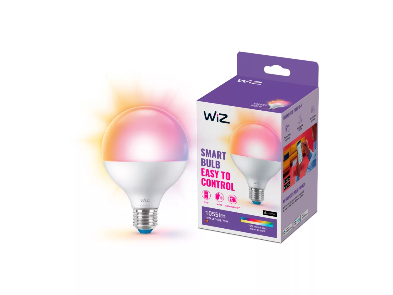 WiZ LED Globe G95 E27 75W Color – Smart WiFi RGB Globepære 1055lm v:4693238