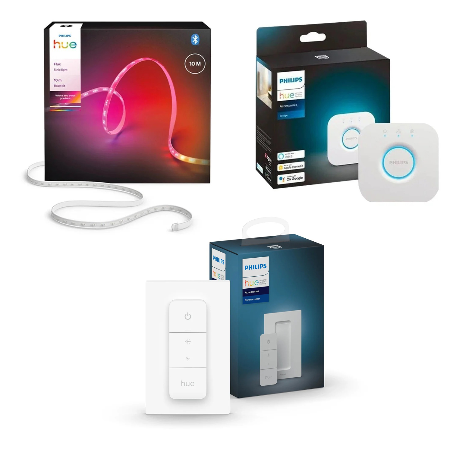 Philips Hue Flux Lightstrip 10m + Bridge 2.1 + Dimmer Switch – Komplett smart strips-belysningspakke - Gratis frakt v:8455762