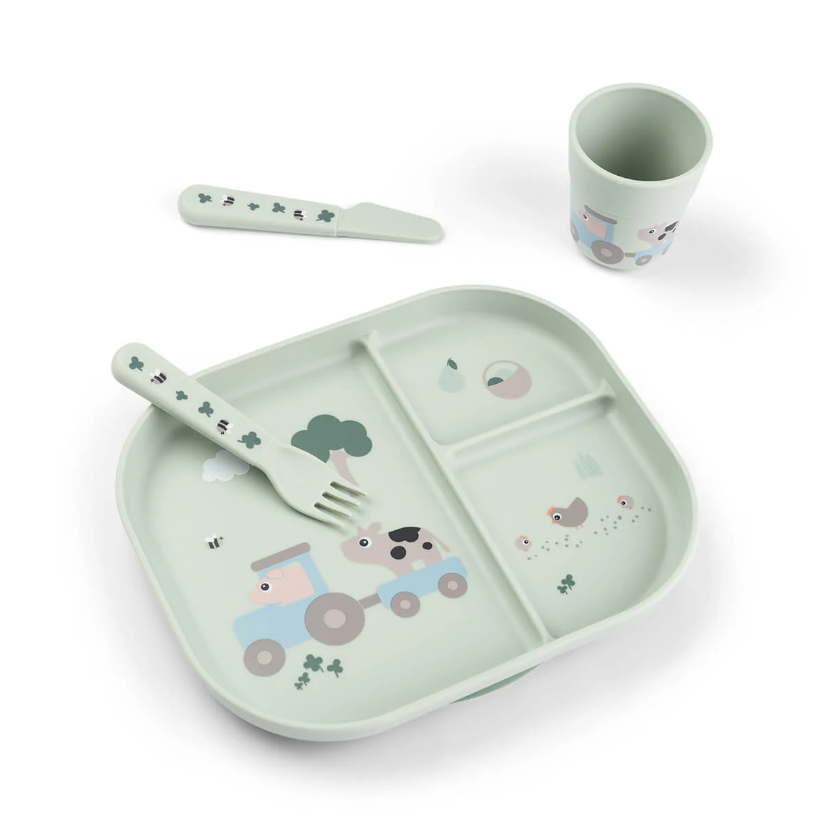Done by Deer - Foodie dinner set with suction - Tiny farm Green - Plate: 22 x 18 x H 3 cm, Cutlery: 12 cm, Cup: Ø6.5 x H 7 cm v:2886240