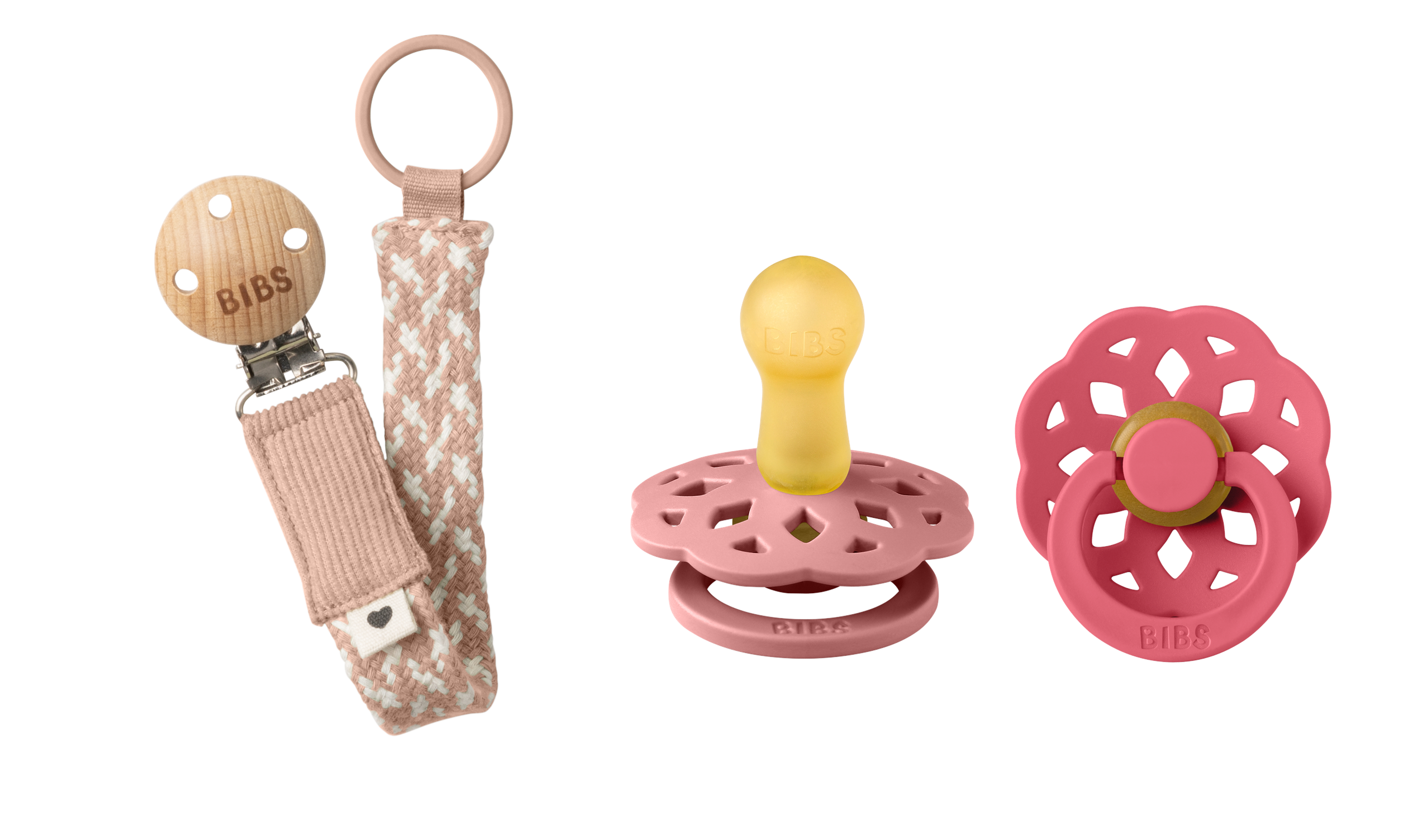 BIBS - Pacifier Boheme 2 PACK - Dusty Pink/Coral - Size 2 + Pacifier Clip Braided - Blush/Ivory - Onesize (Bundle) v:2017455
