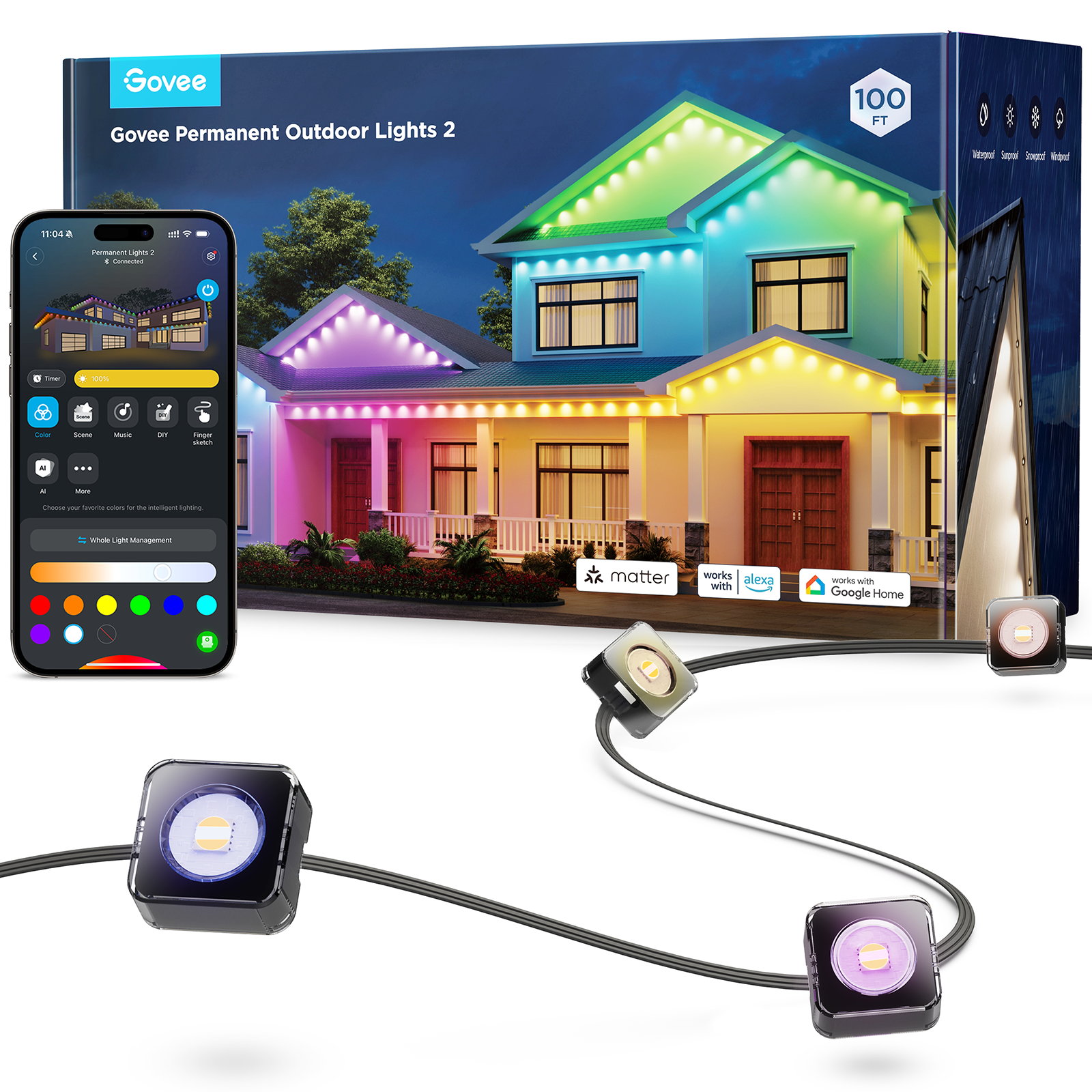 Govee – Permanent Utendørslys 2 – 30M Smart RGBIC Fasadebelysning – Gratis frakt v:6210160