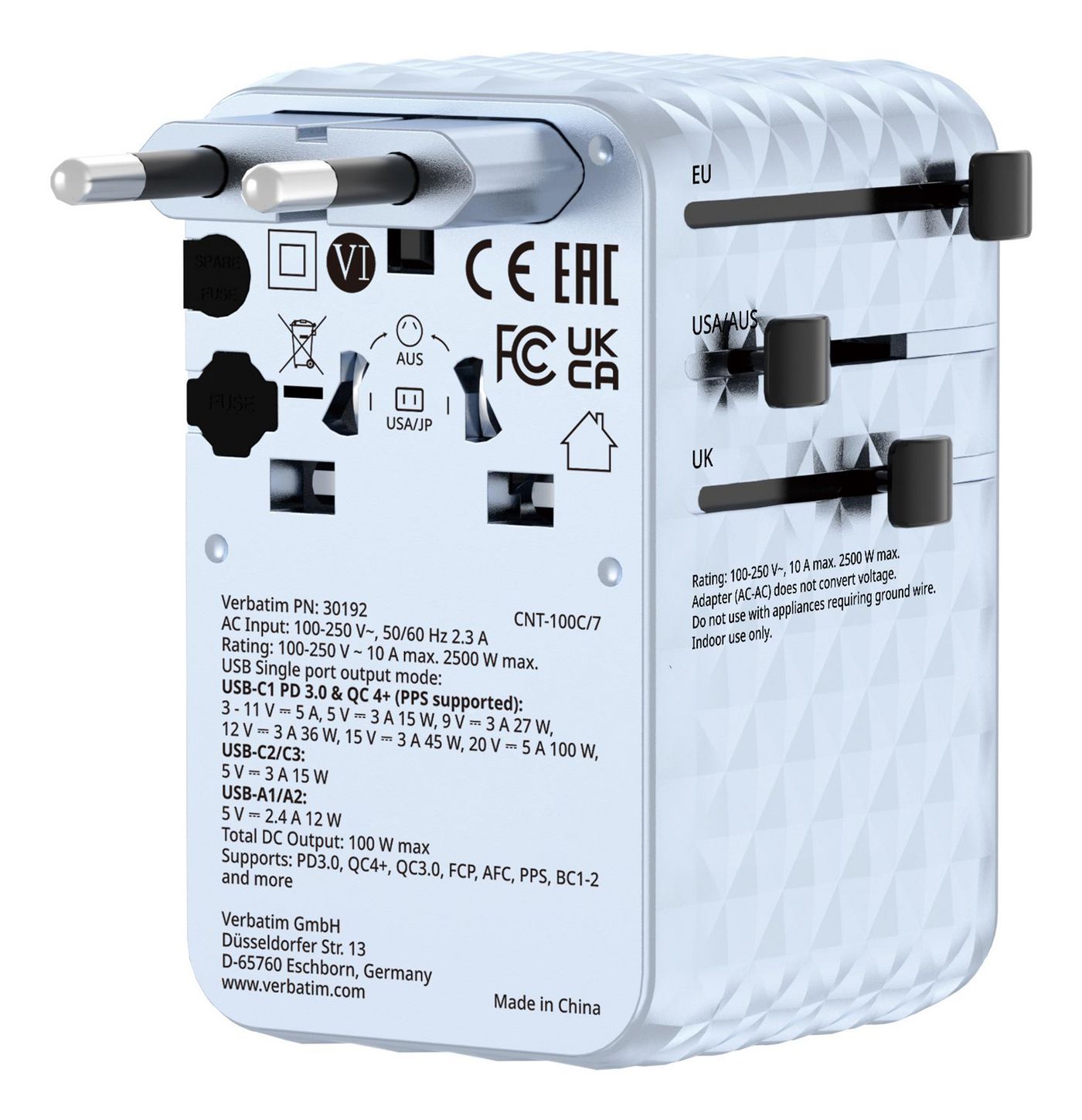 Verbatim - Charge 'n' Travel 100W Universal Travel Adapter with retractable cable Blue - Gratis frakt v:3754377