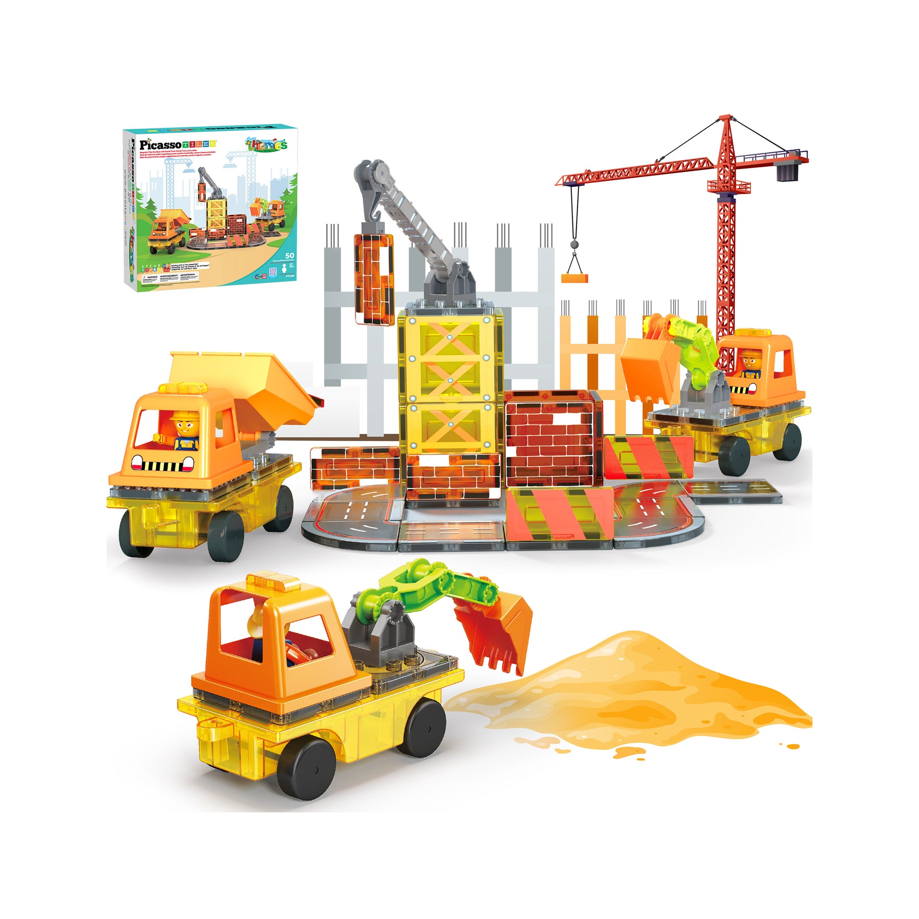 Picasso Tiles - Magnetic Tiles 5-in-1 Construction Vehicle Builder Set 50pcs (PTU06) - Gratis frakt v:1676706
