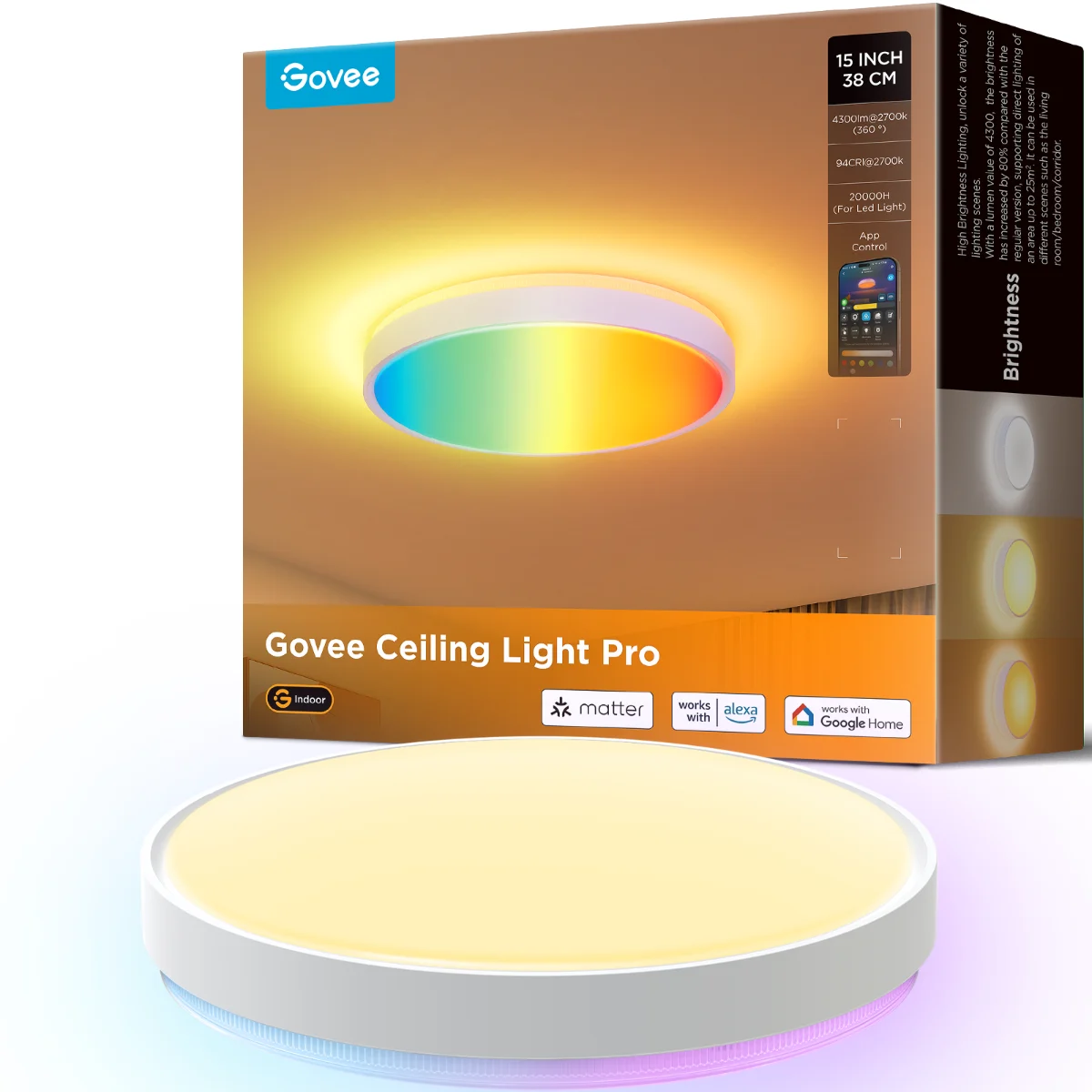 Govee - 15-tommers Smart LED Taklampe – RGBIC+WW, 4300lm, Talestyring - Gratis frakt v:3590357