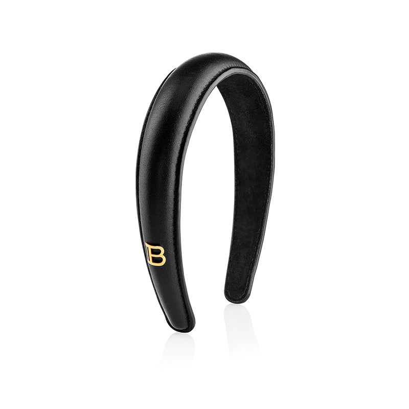 Balmain Paris - Black Leather Puffed Headband with Gold Plated Logo - Gratis frakt v:9574026