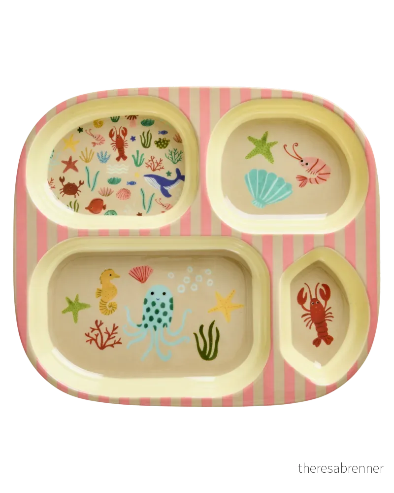 Rice - Melamine Kids 4 Room Plate - Coral Ocean Print - Coral v:3815664