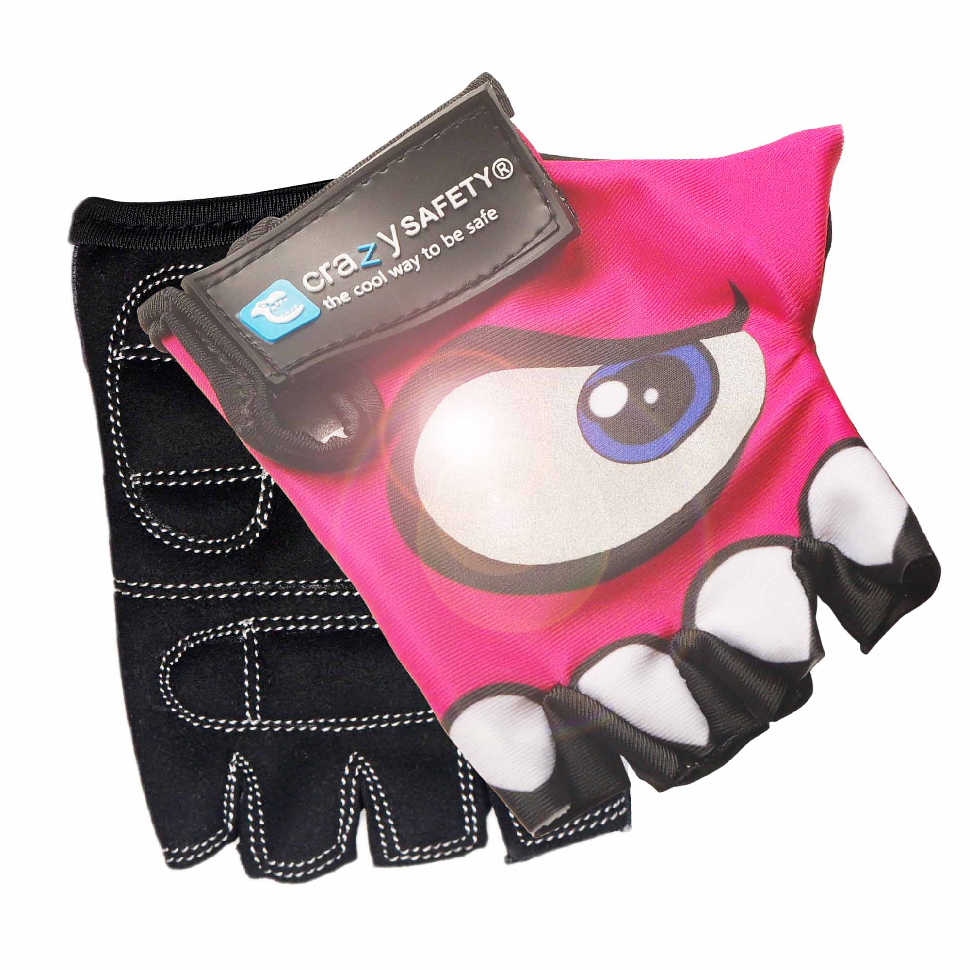 Crazy Safety – Pink kids bike gloves with reflective eyes, padded palms – Pink – Size S (CS240101) v:4710540