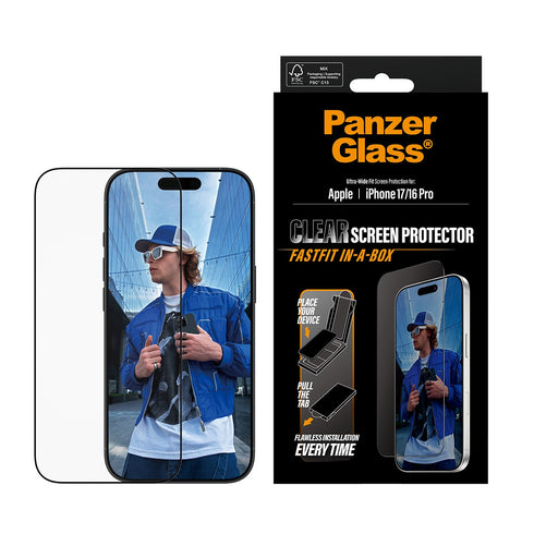 PanzerGlass - Skjermbeskytter m. Sort Ramme - iPhone 17/16 Pro - Ultra-Wide Fit med FastFit in-a-box v:8996835