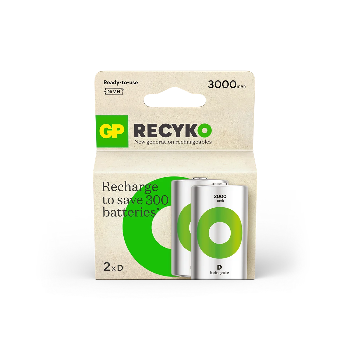 GP - ReCyko Rechargeable Battery, Size D, 3000 mAh, 1.2V (2-pack) v:5716291