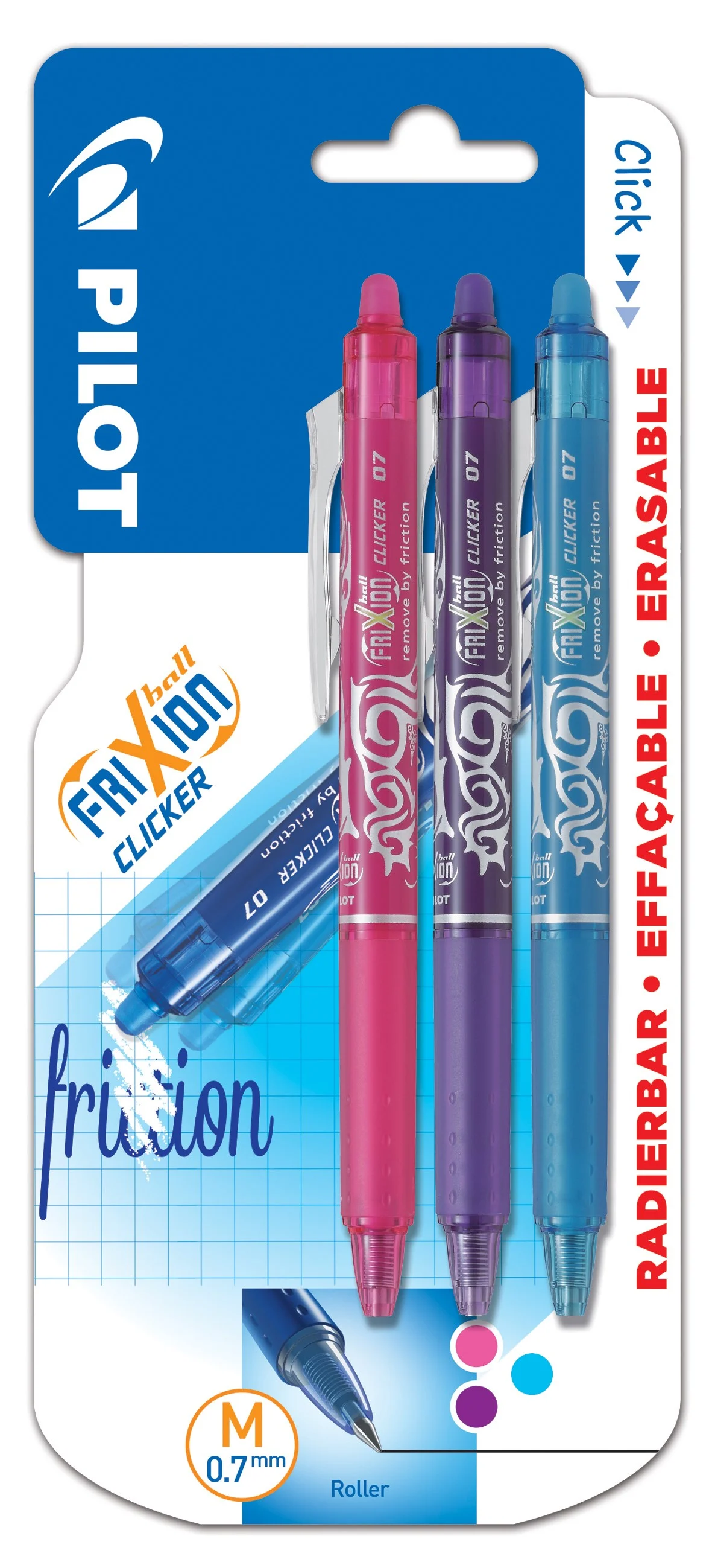 Pilot - FriXion Clicker 0.7 – (Pack of 3) - Pink/Violet/Light Blue v:6746485