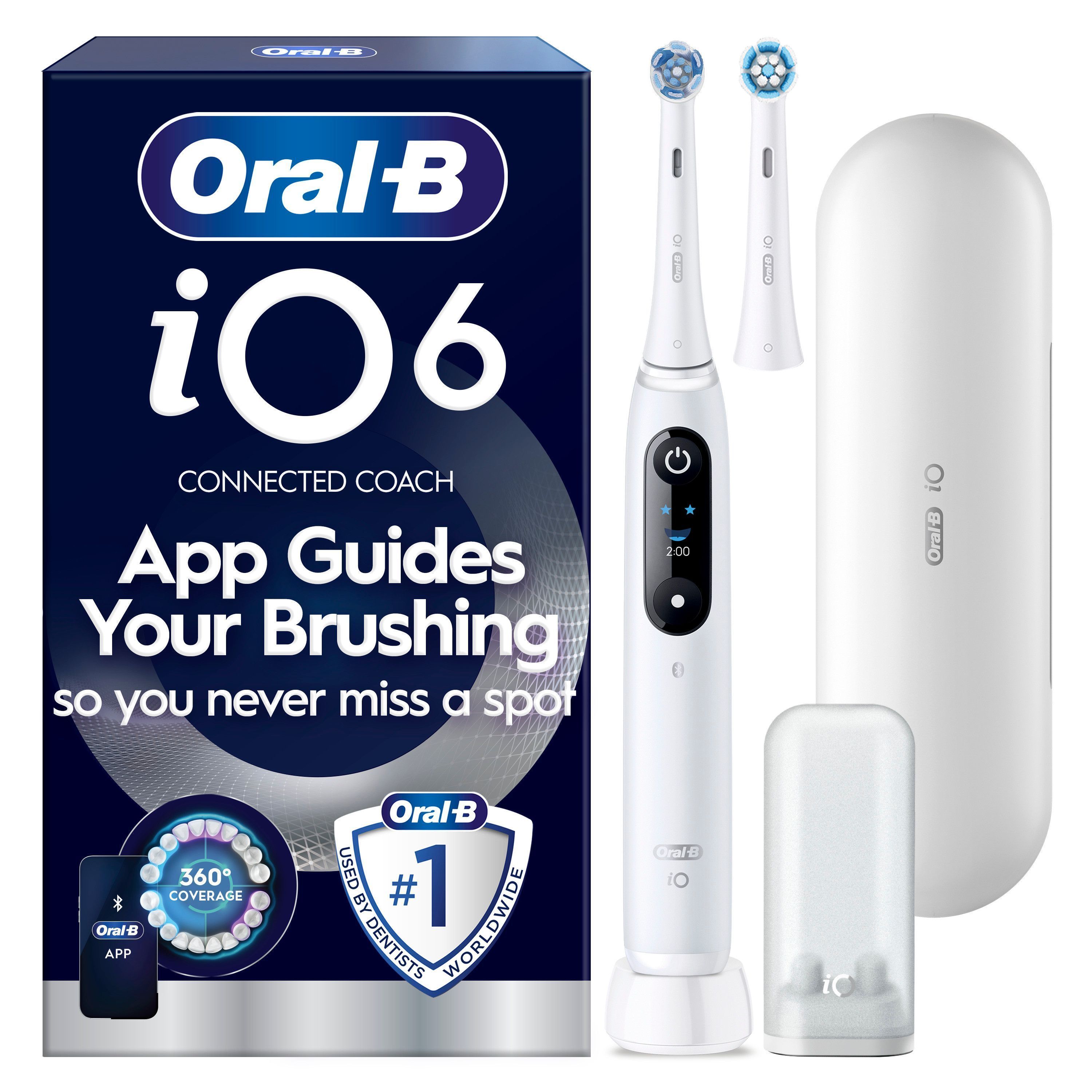 Oral B - iO6 Elektrisk Tannbørste - Hvit - 2 Børstehoder, Reiseetui - Gratis frakt v:6774802