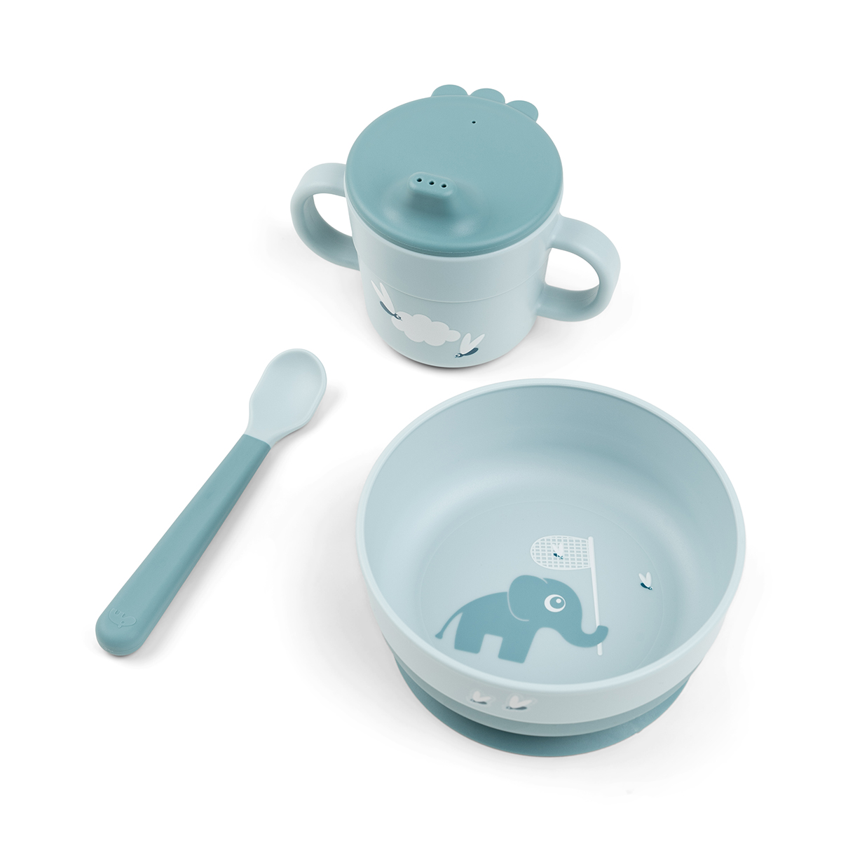 Done by Deer – Foodie first meal set with suction – Elphee Blue – Bowl: 12.5 x H 5.5 cm, Cup: 8 x H 9 cm, Spoon: 14 cm v:3241640