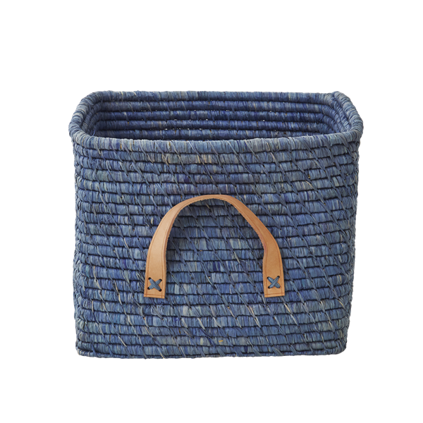 Rice – Small Square Raffia Basket with Leather Handles – Blue – Blue v:2052423