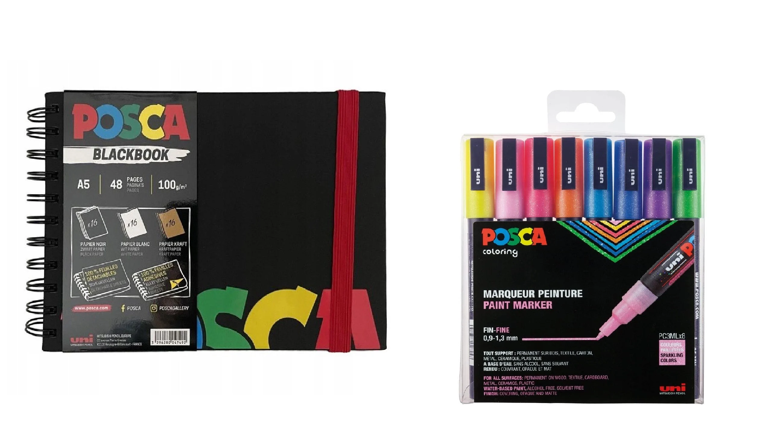 Posca - A5 BlackBook & PC3M - Fine Tip Pen - Sparkling Colors 8 pc - Gratis frakt v:8076611