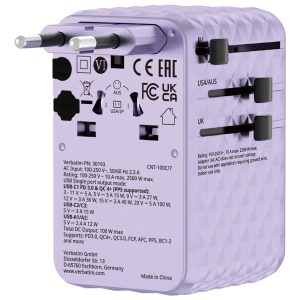 Verbatim – Charge 'n' Travel 100W Universal Travel Adapter with retractable cable Purple – Gratis frakt v:7355508