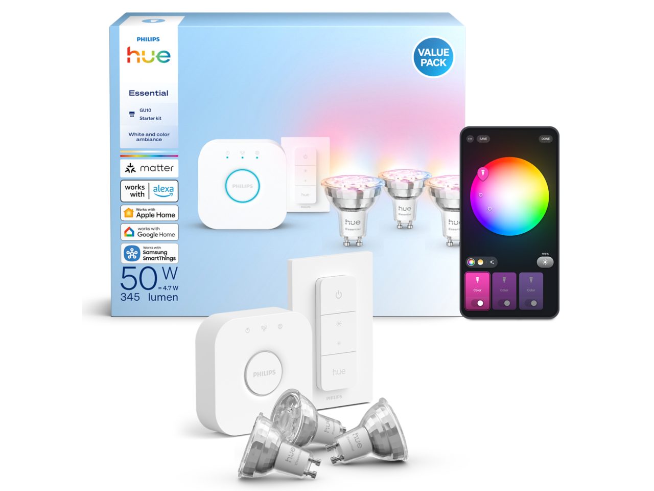 Philips Hue – 3 x GU10 Lyspærer (345 lm) & Hue Dimmer Switch - Gratis frakt v:8497595